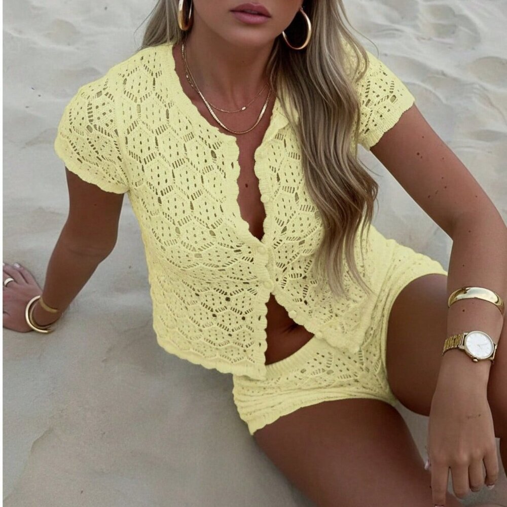 Light Yellow Casual Women's Crochet Mesh Beach Cover Up and Shorts Set - Picture 5 of 8